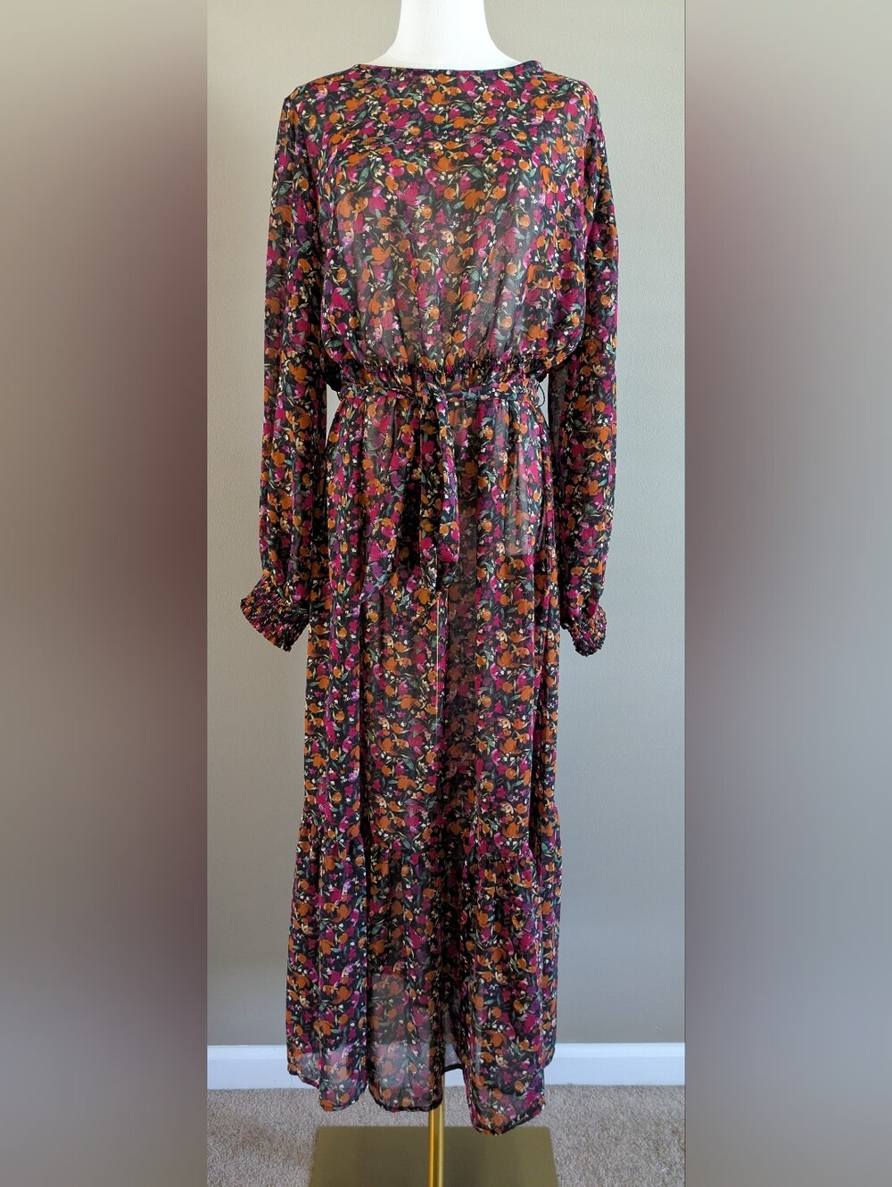 Ava & Viv Orange Pink Floral Mesh Long Sleeve Tie Front Maxi Dress 1X